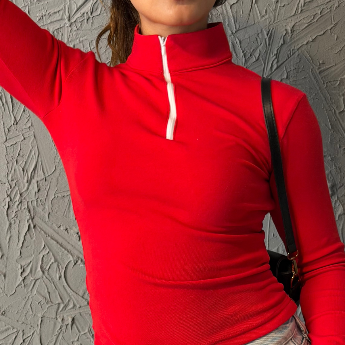 Red Zipper Basic Long Sleeves Top