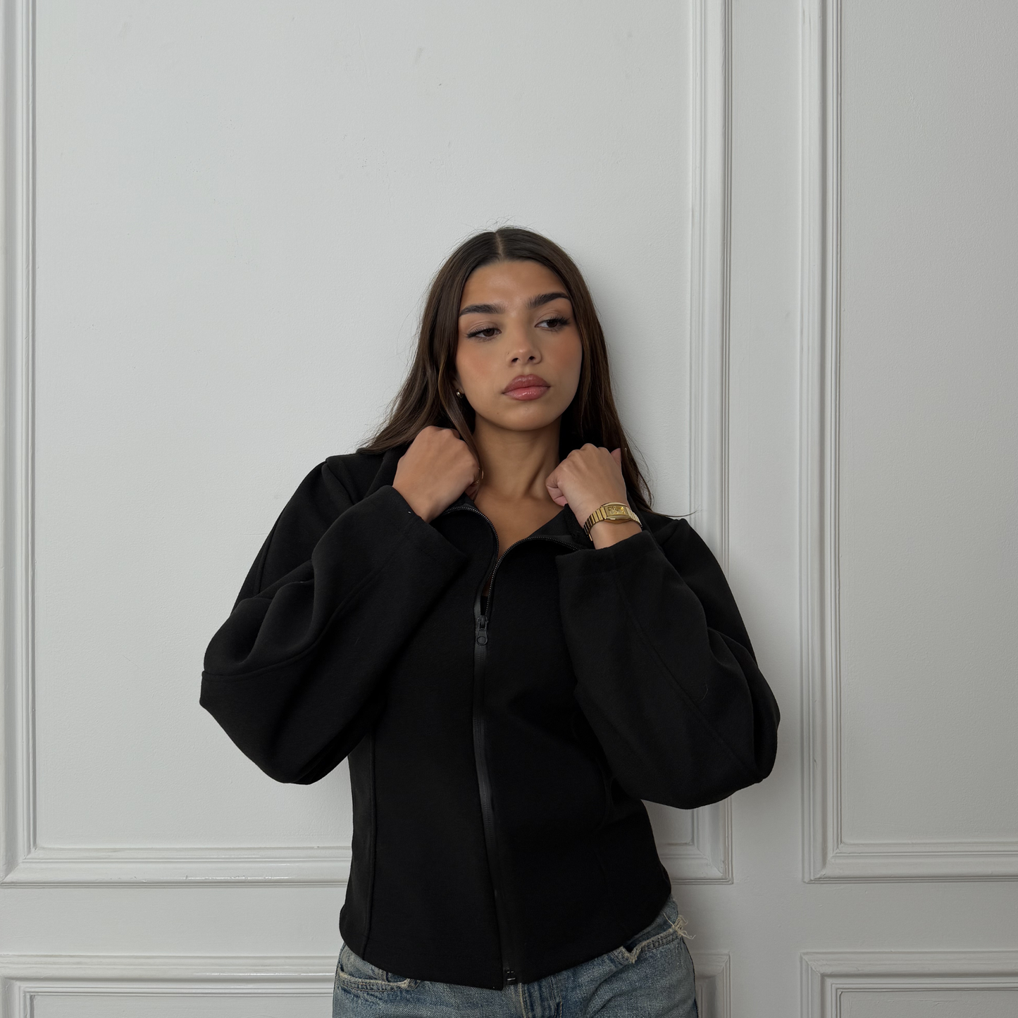 Structured Waist Black Zip Jacket