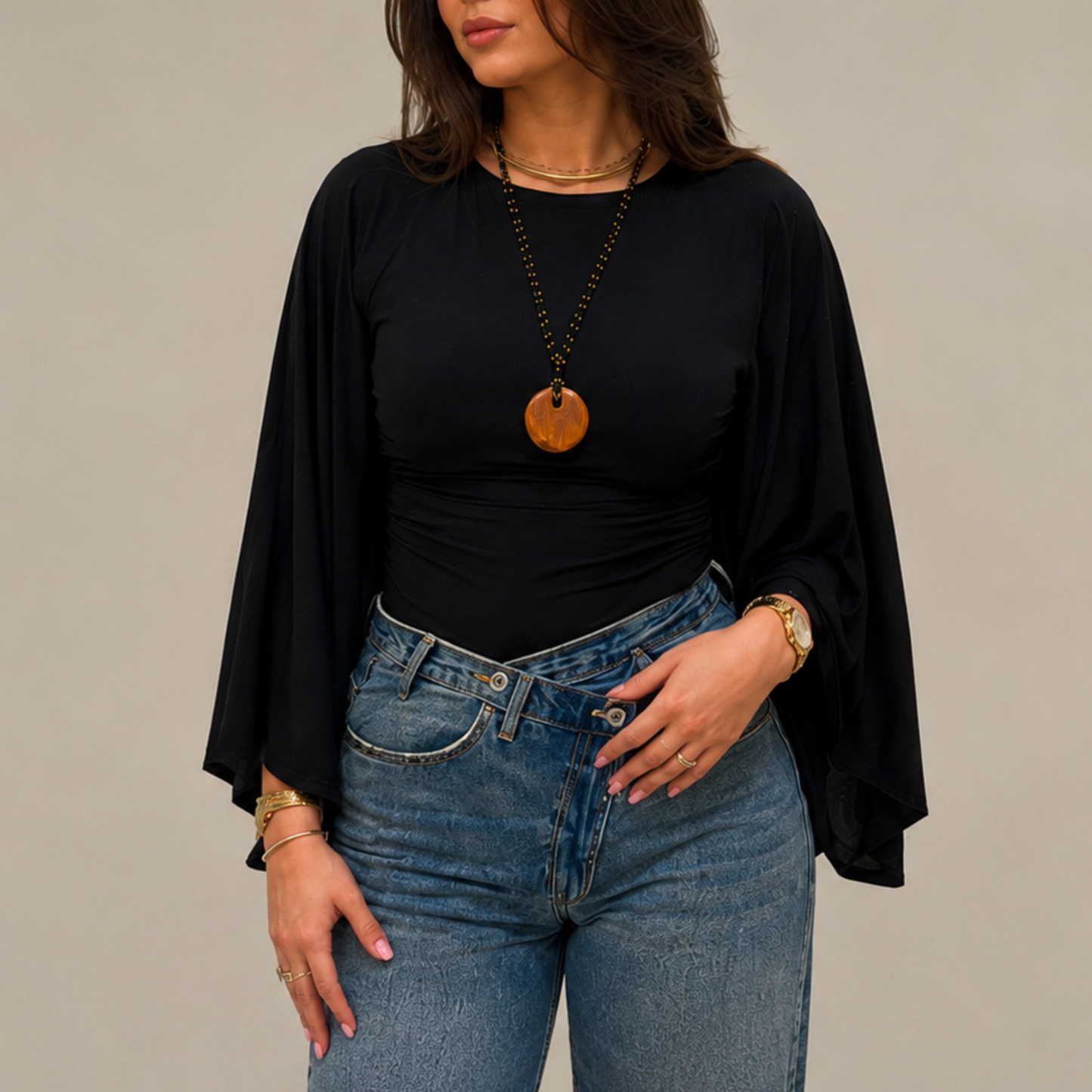 Black Draped Kimono Sleeve Top