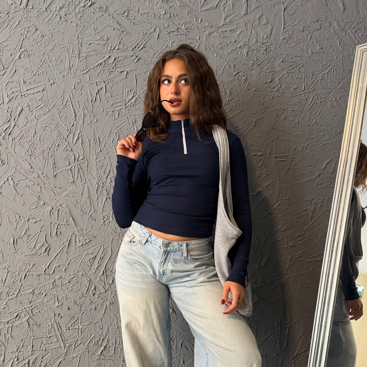Navy Basic Zipper Long sleeve Top