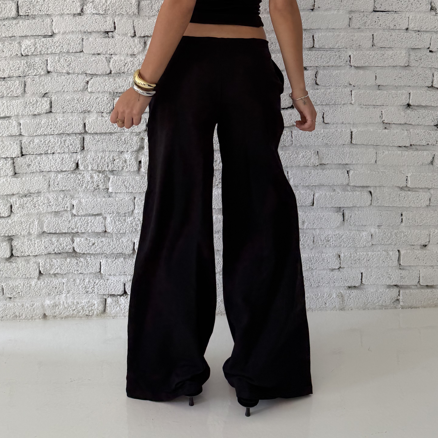 black low-rise wide-leg pants