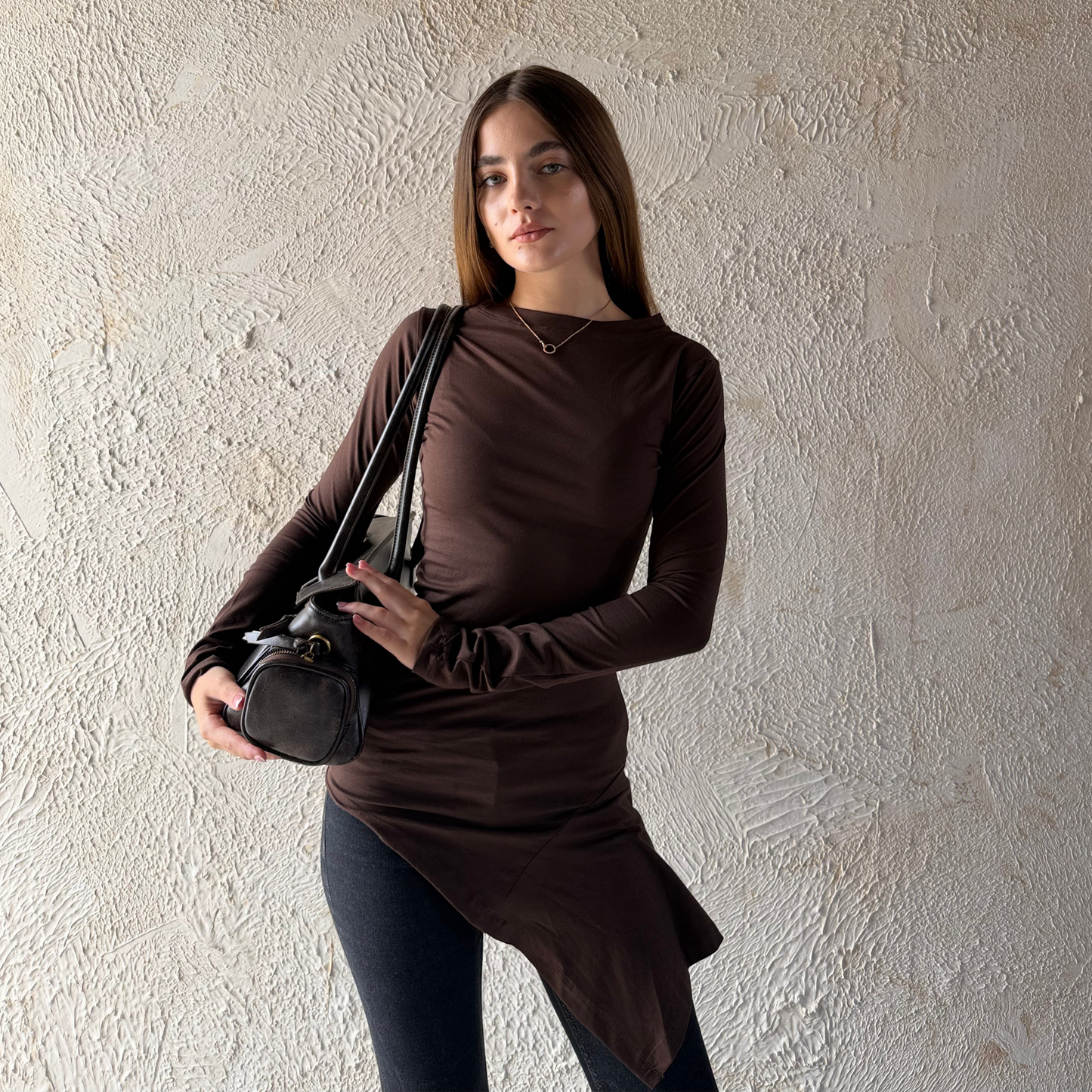 Brown Long Sleeves Draped Top