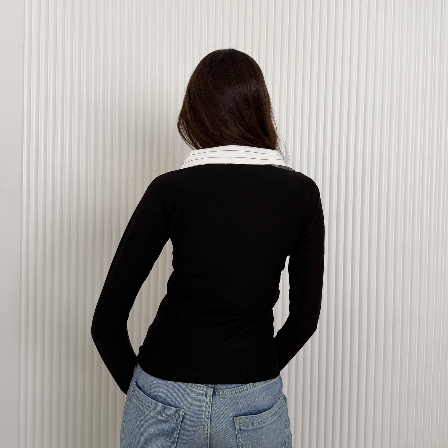Layered Collar V-Neck Top –White Stripe