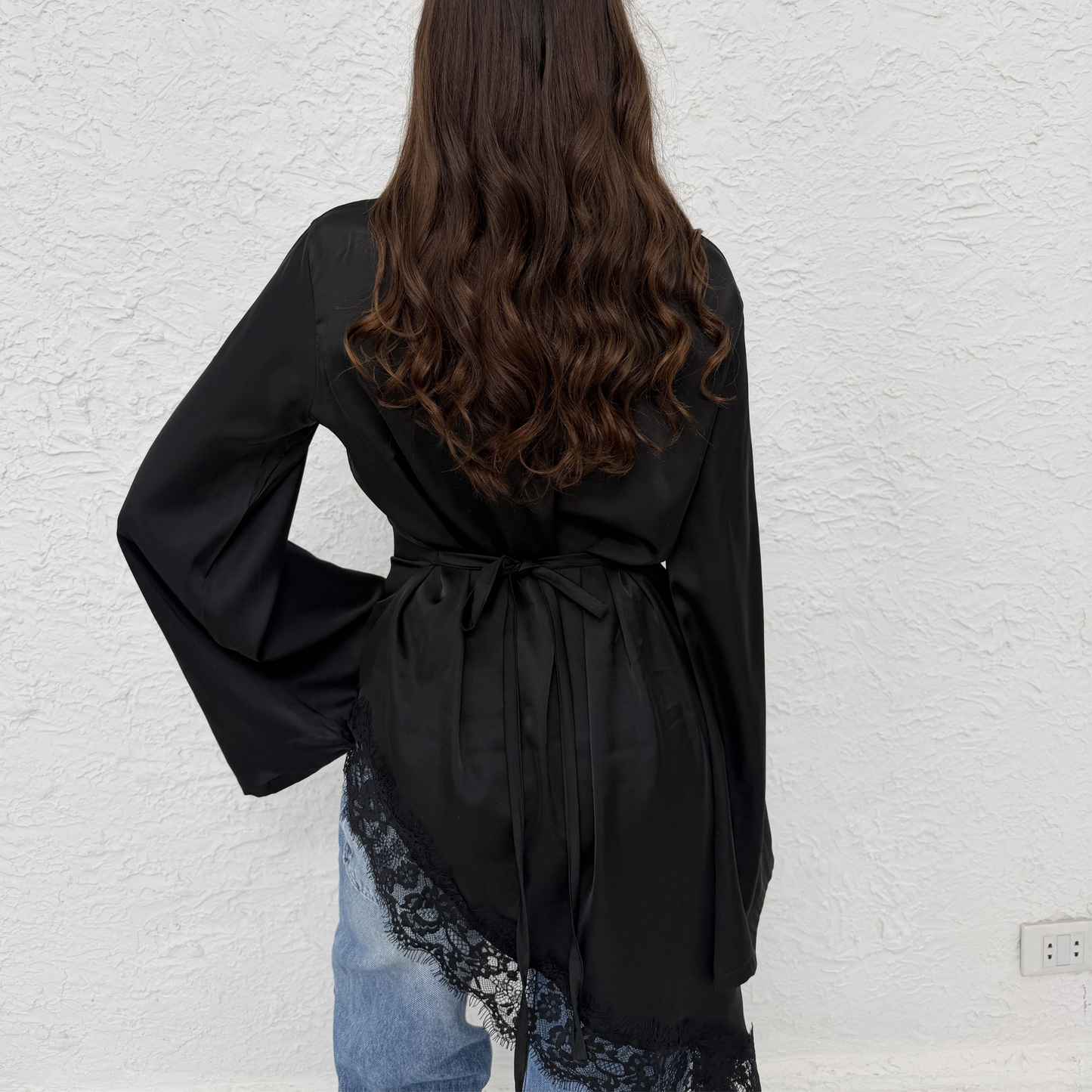 Asymmetrical Black Lace Satin Top