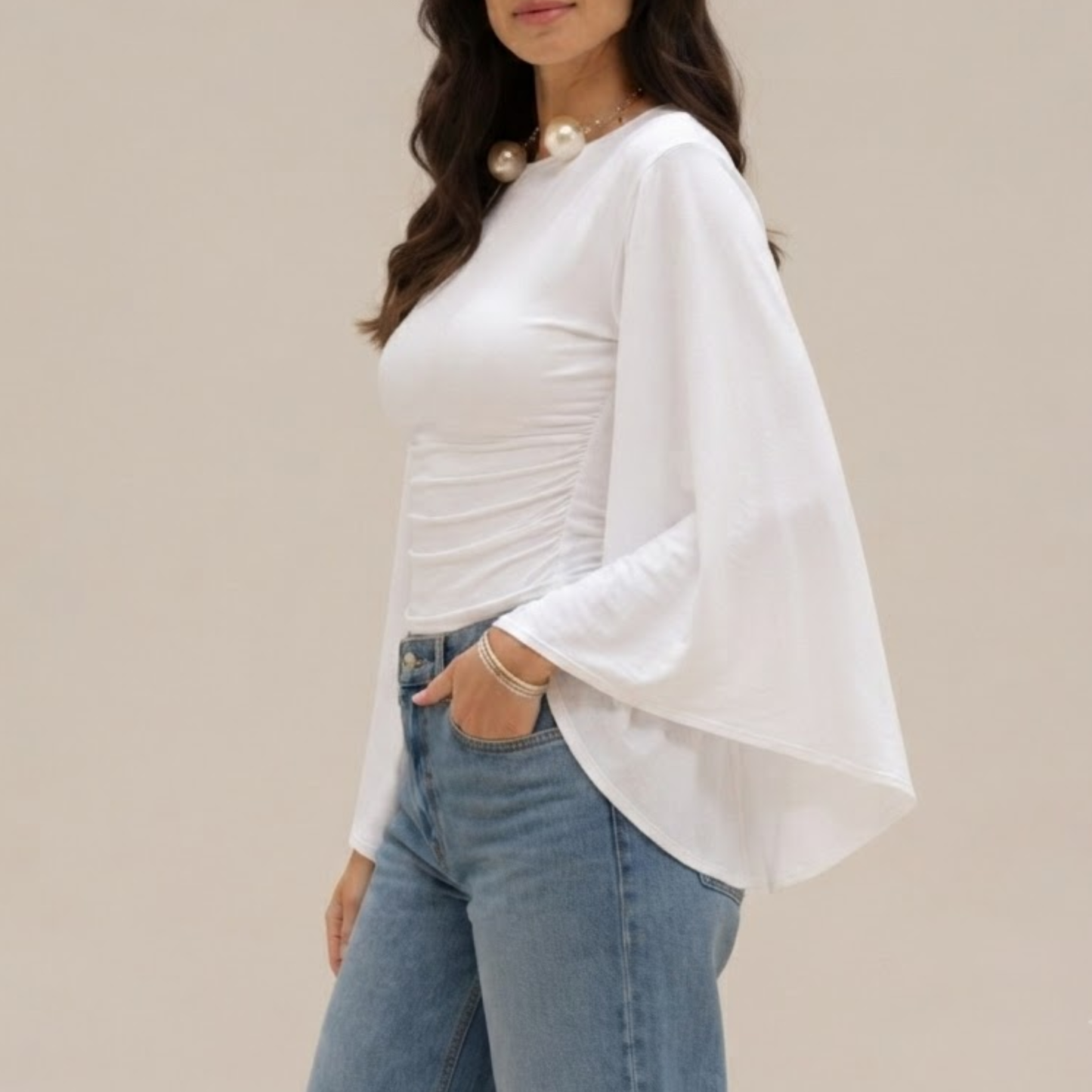 White Draped Kimono Sleeve Top