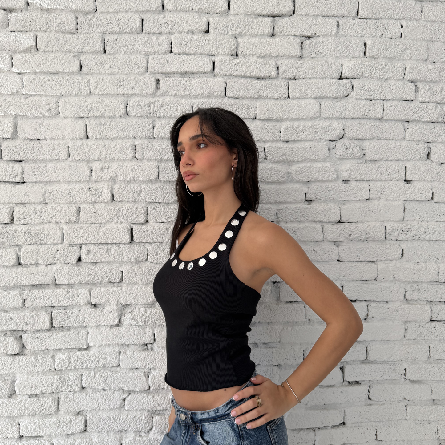 Black Halter Neck Top with Silver Buttons