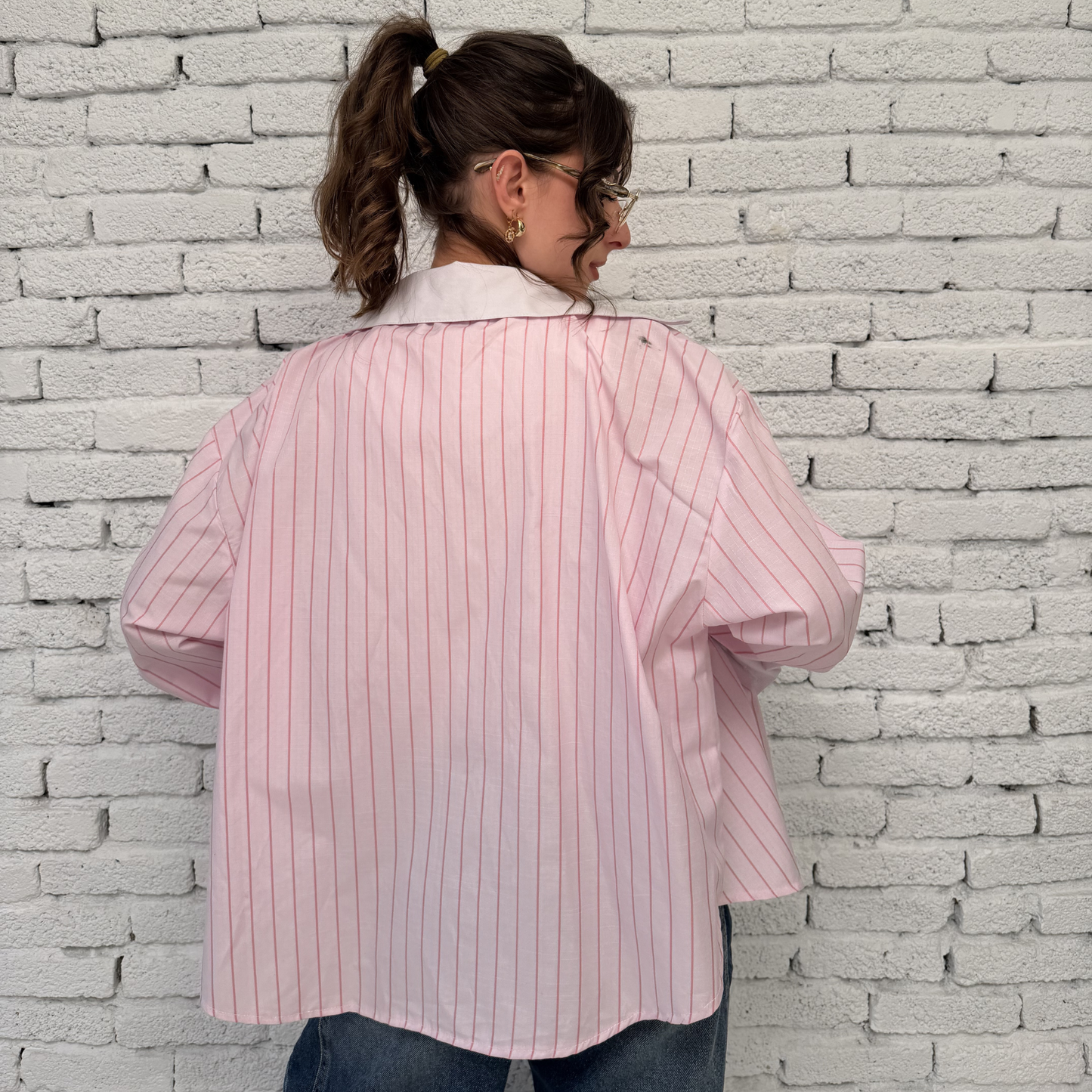 Pink Striped Shirt With Contrast Collar &Cuffs