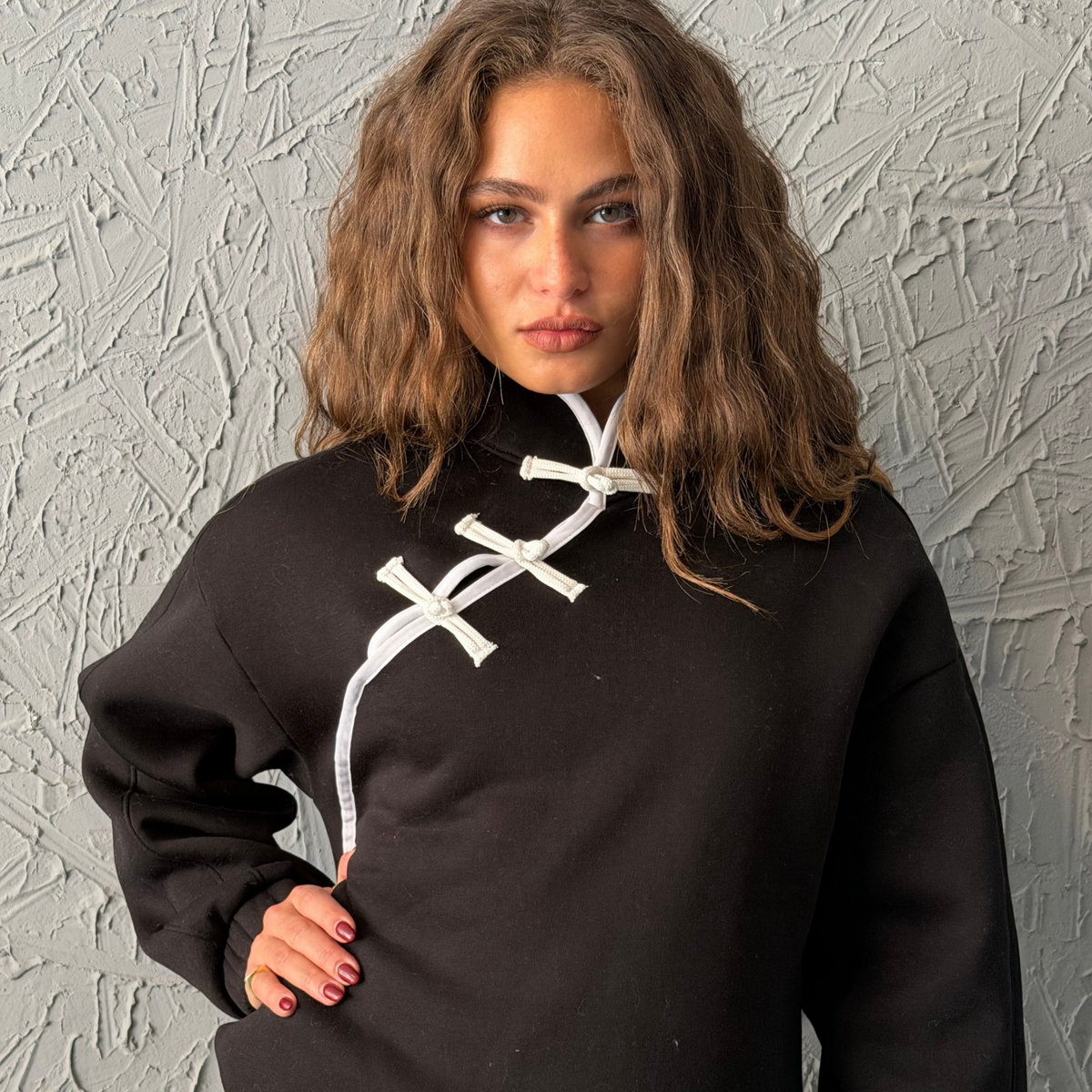 Black Sweatshirt with Chinese Clasps