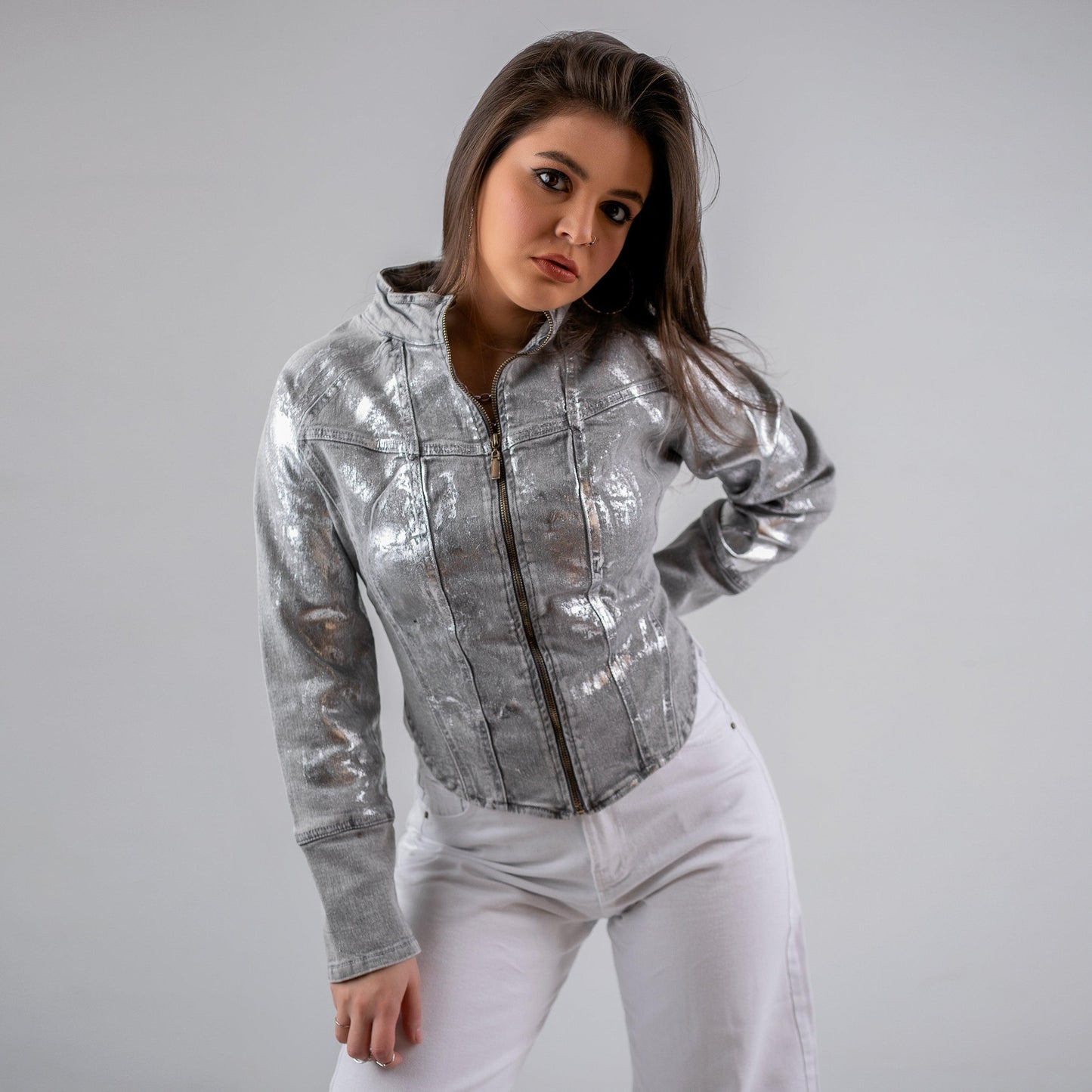 Metallic Corset Denim Jacket grey - Maron