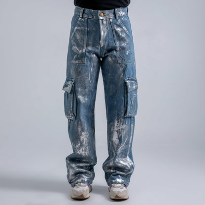 Metallic Cargo Denim Pants - Maron