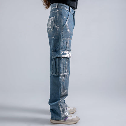 Metallic Cargo Denim Pants - Maron