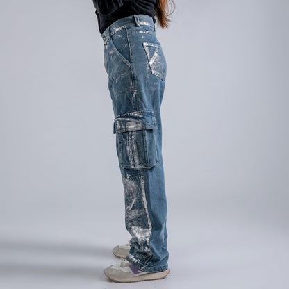 Metallic Cargo Denim Pants - Maron