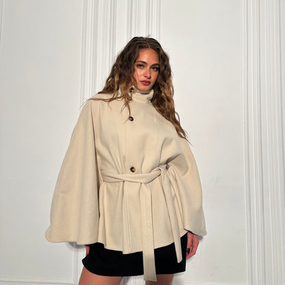 Beige Neck Funnel Belt Cape