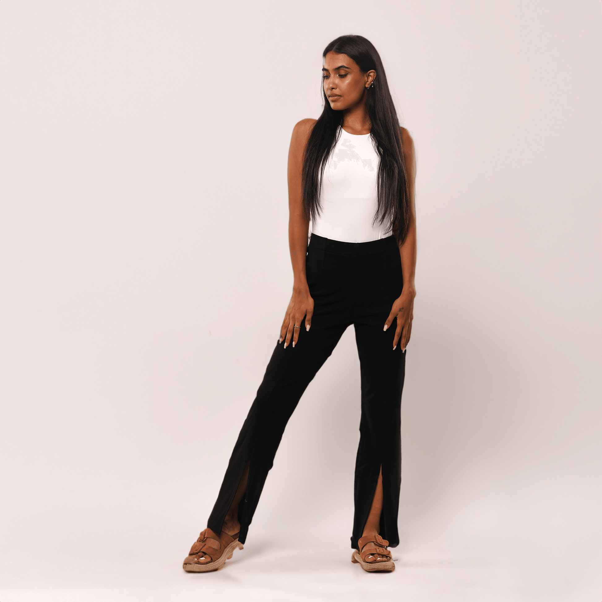 Cotton Ribbed Front Slit Pants - Maron