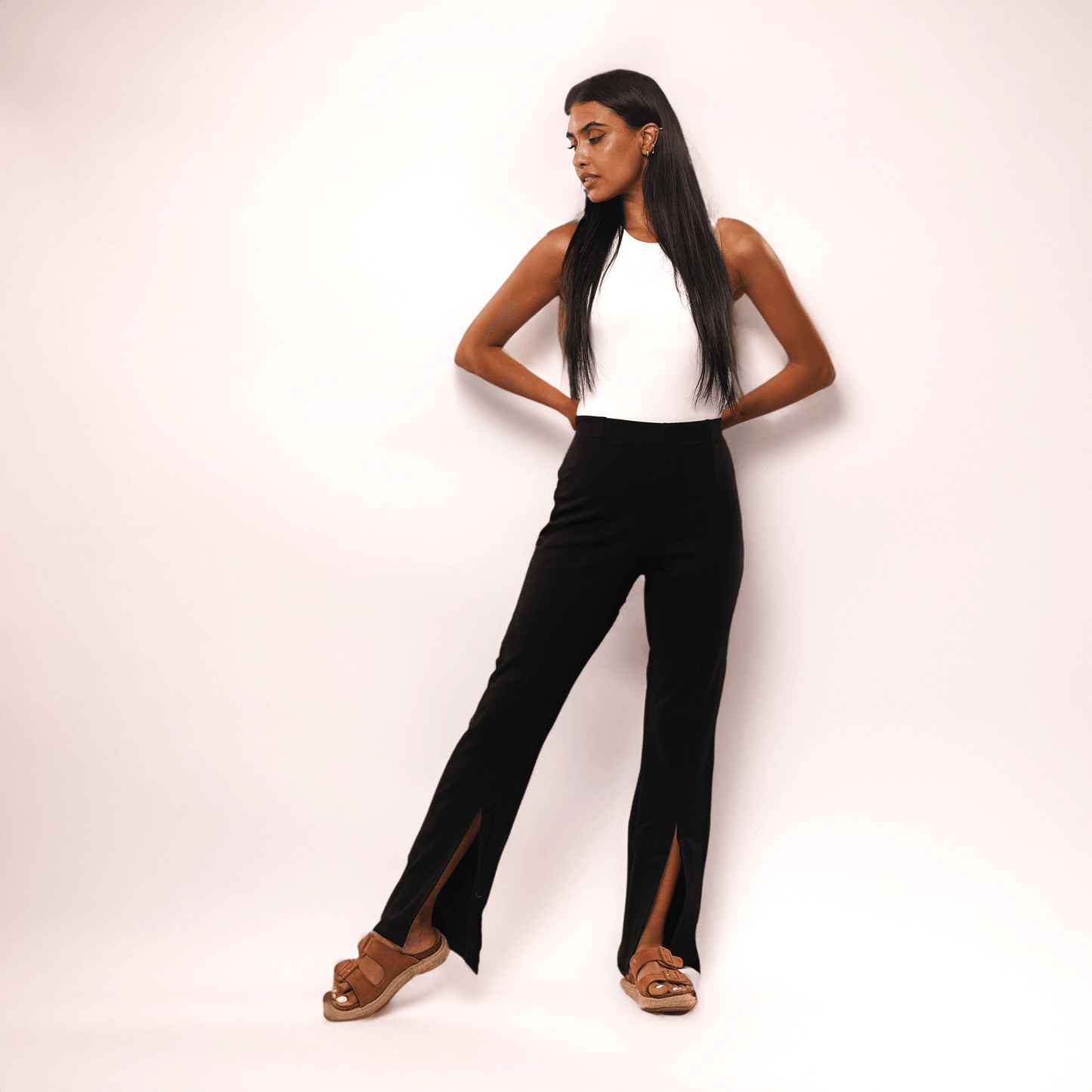 Cotton Ribbed Front Slit Pants - Maron