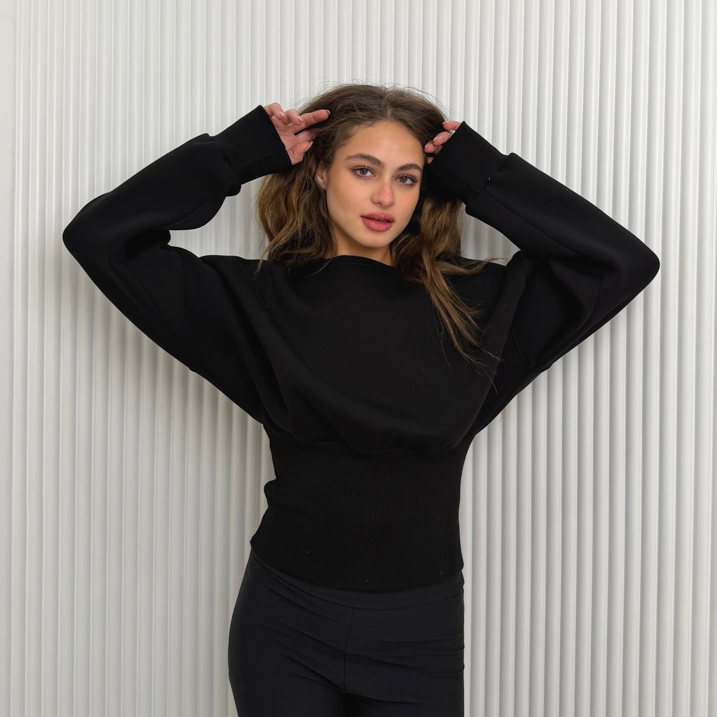Black Elastic Waist Sweatshirt