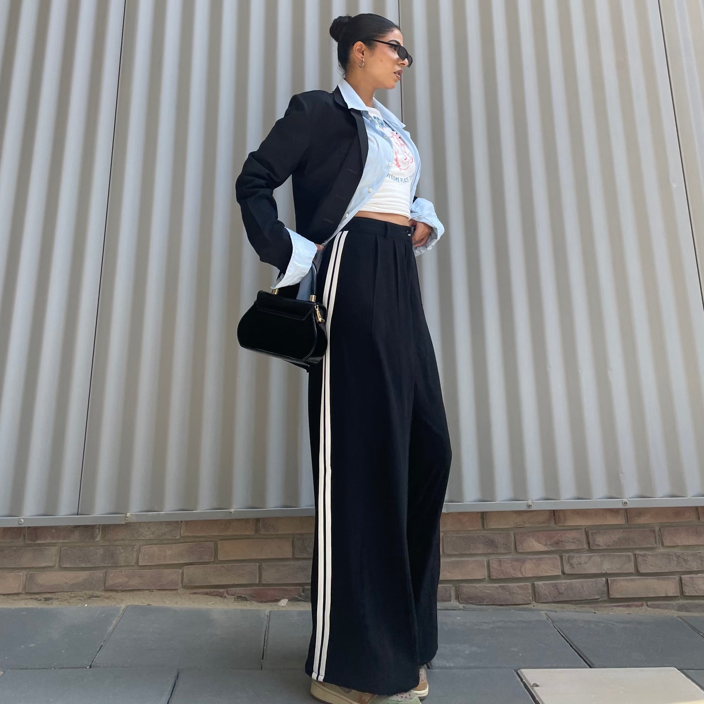 Crepe Side Stripe Wide-Leg Black Pants