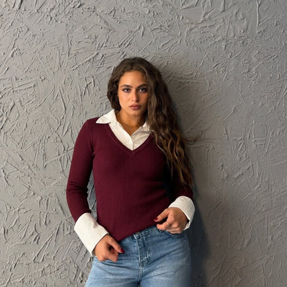 Layered Collar Burgundy V neck Top