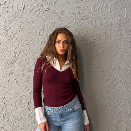 Layered Collar Burgundy V neck Top