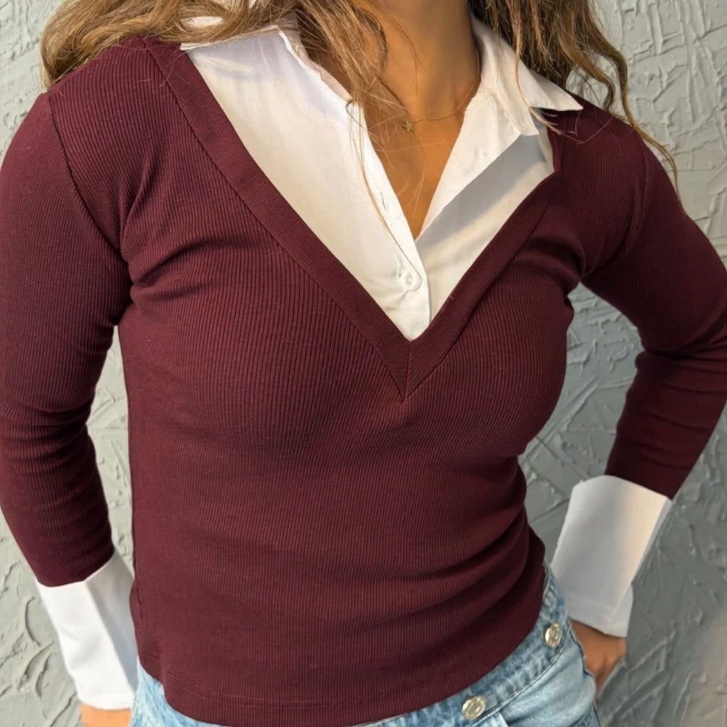 Layered Collar Burgundy V neck Top