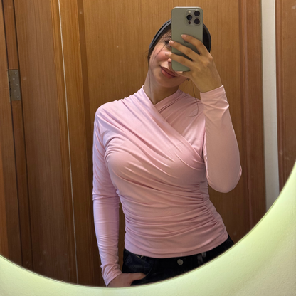 Rose pink long sleeves wrap top(NEW)