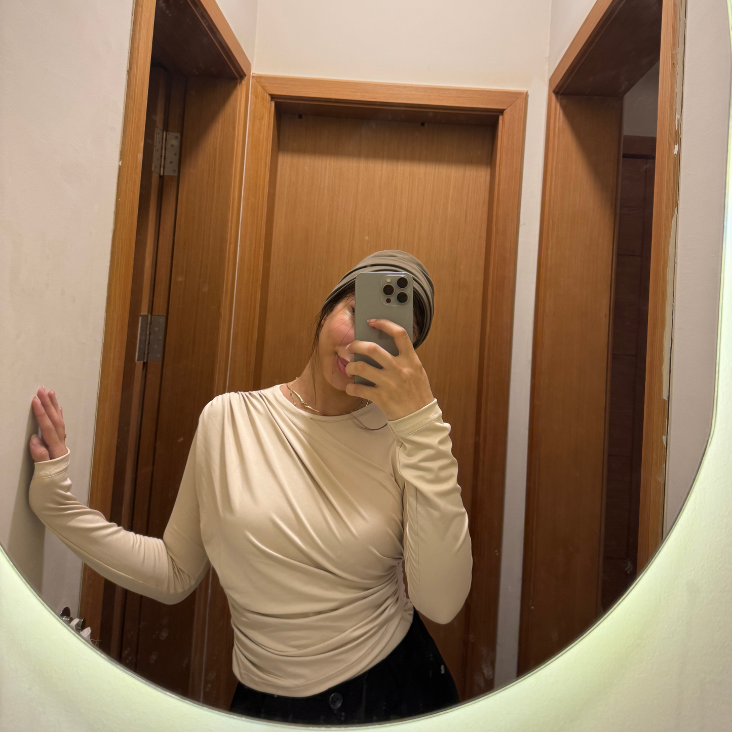 Mock neck Beige Ruched long Sleeves Top