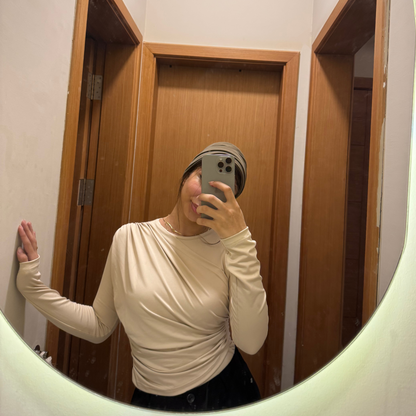 Mock neck Beige Ruched long Sleeves Top
