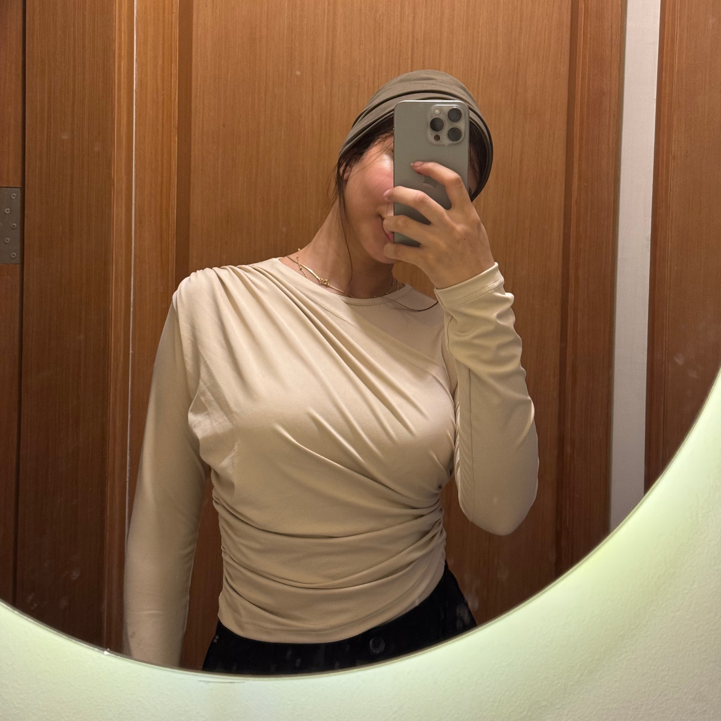 Mock neck Beige Ruched long Sleeves Top