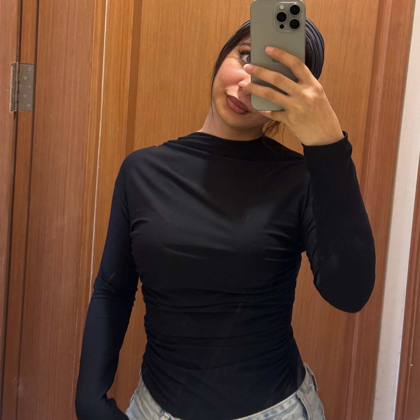 Black gathered mock-neck fitted top