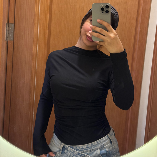 Black gathered mock-neck fitted top