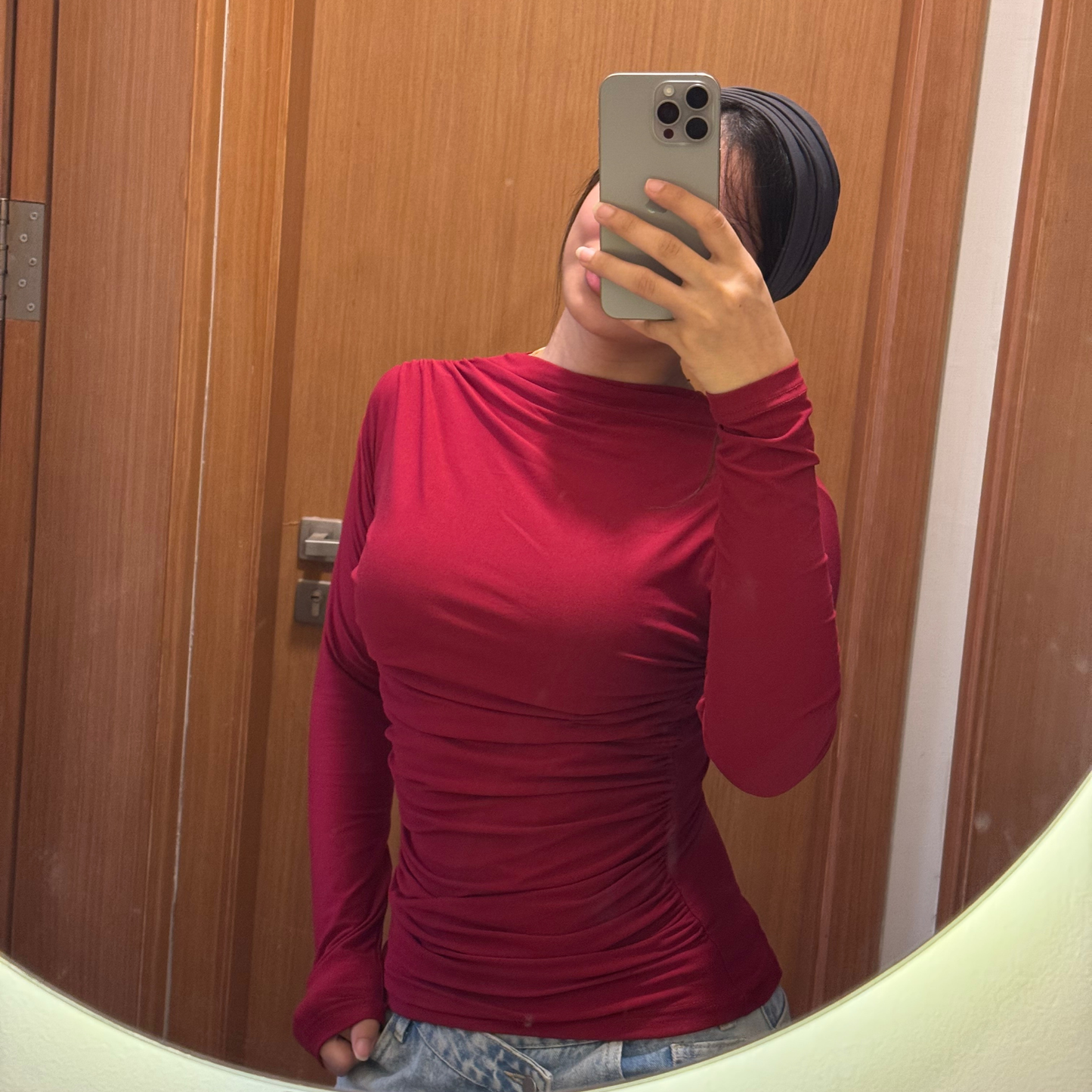 Burgundy gathered mock-neck fitted top