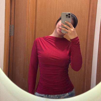Burgundy gathered mock-neck fitted top