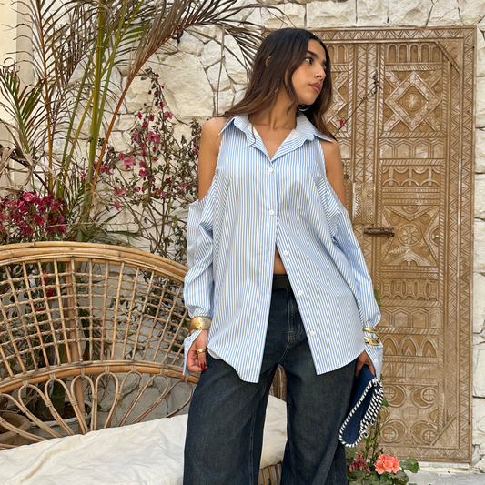 Off shoulder blue striped blouse