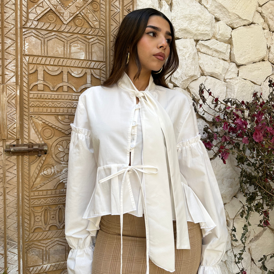 Tie neck white pleated blouse