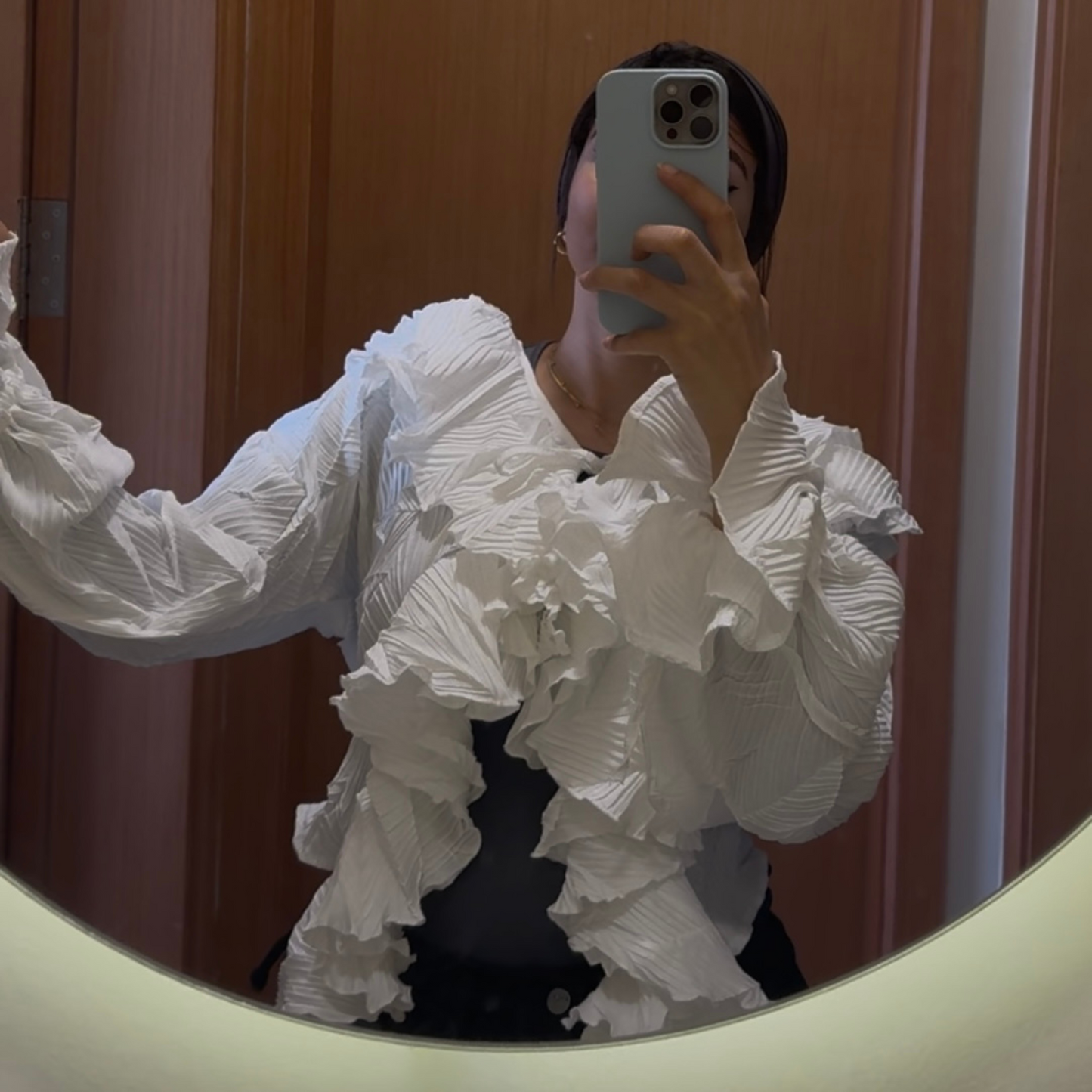 White ruffle chiffon blouse