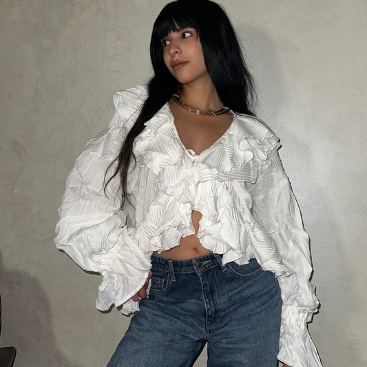 White ruffle chiffon blouse