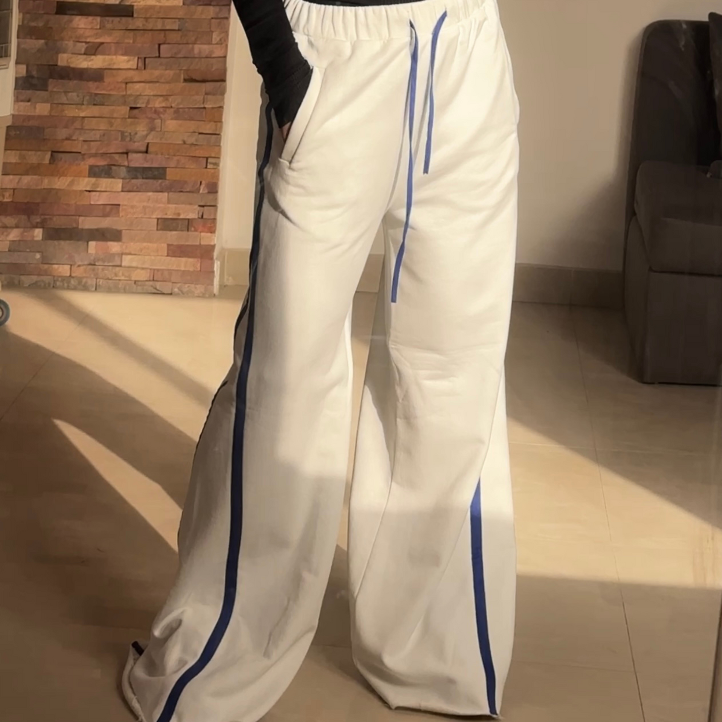 Summer sporty  white wide leg striped pants