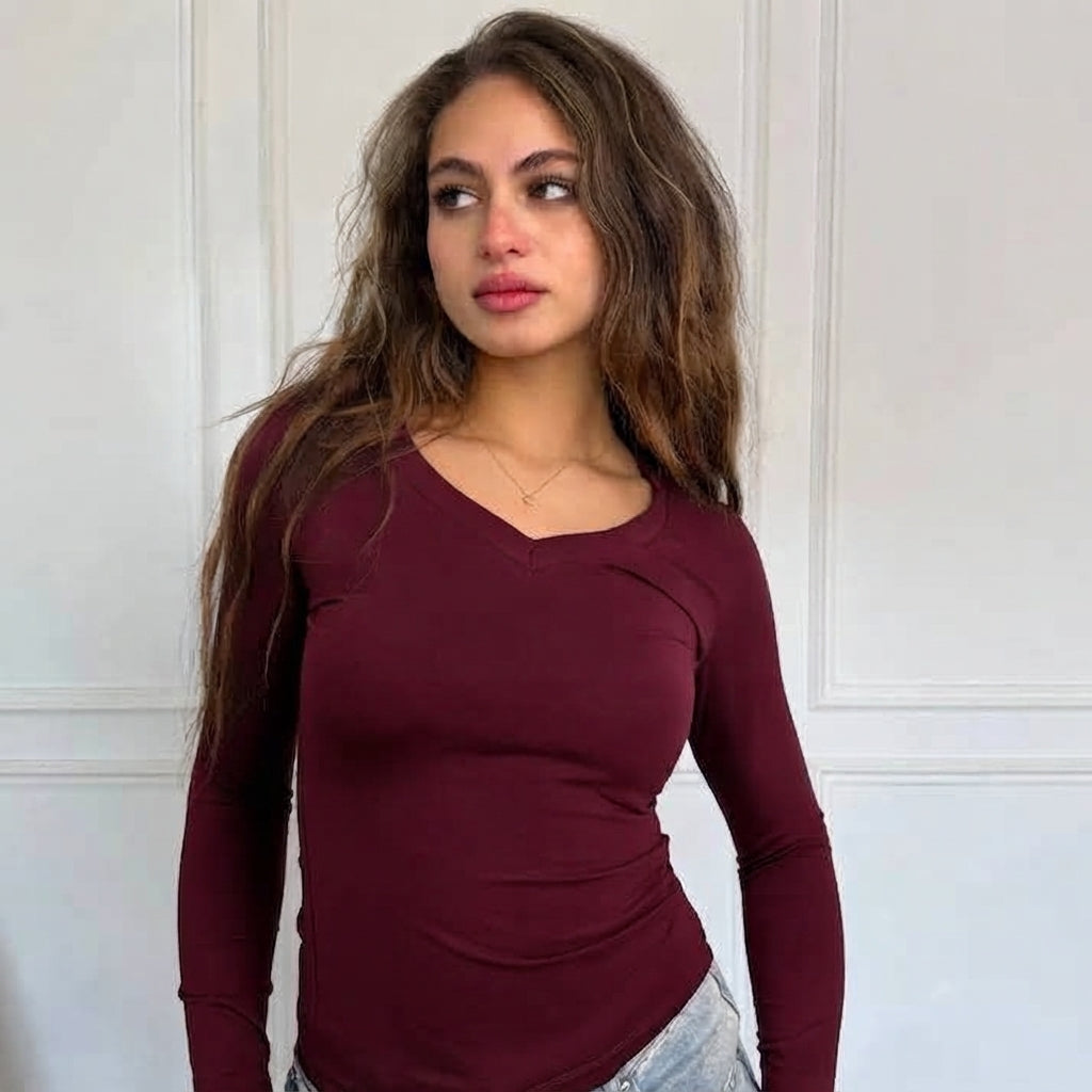 Burgundy V-Neck Long Sleeves top