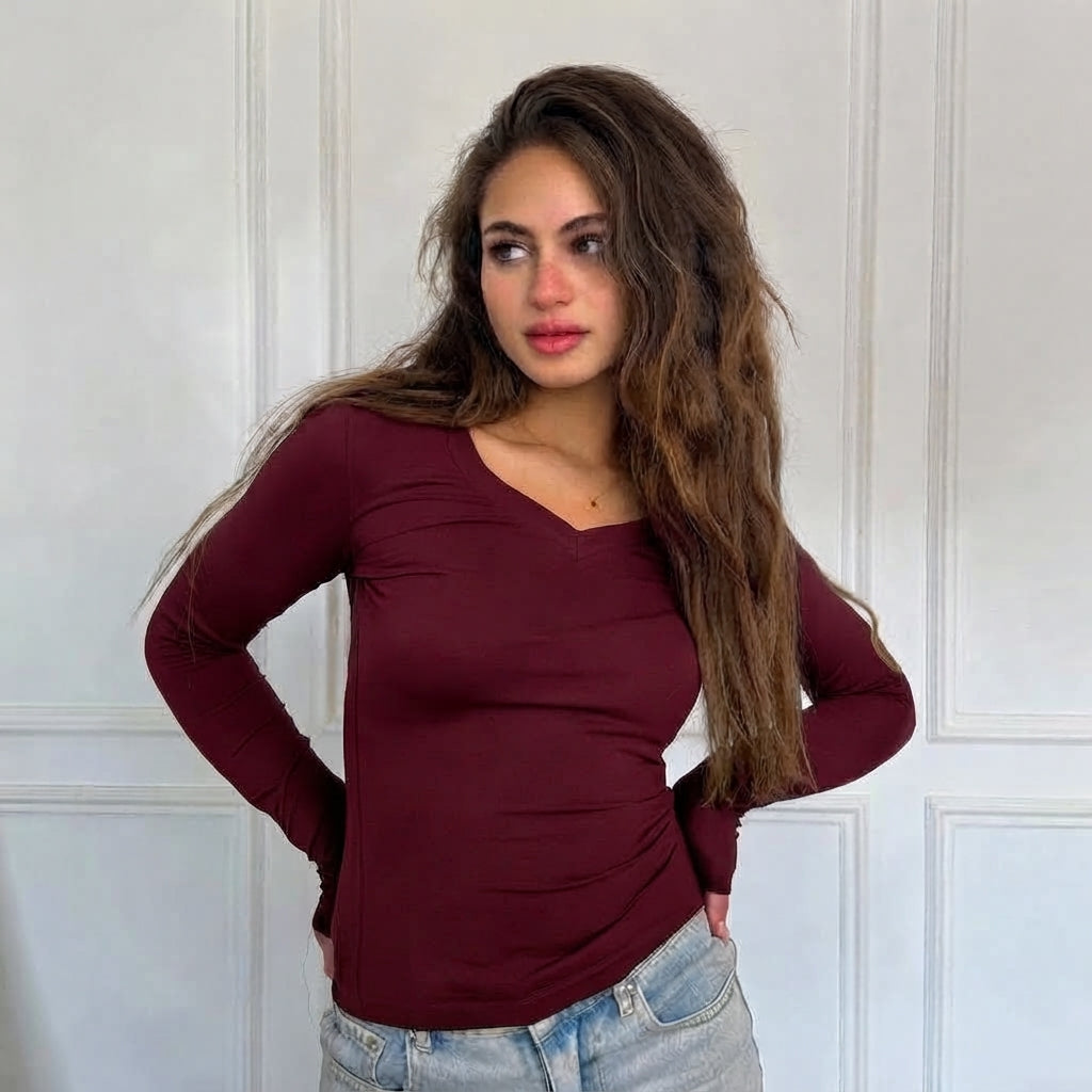 Burgundy V-Neck Long Sleeves top