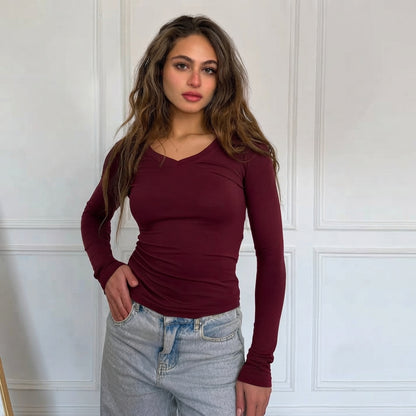 Burgundy V-Neck Long Sleeves top