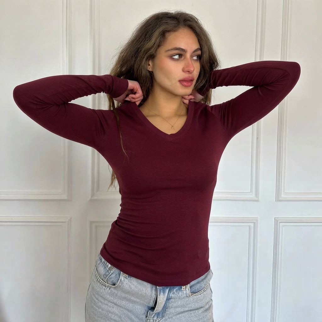 Burgundy V-Neck Long Sleeves top