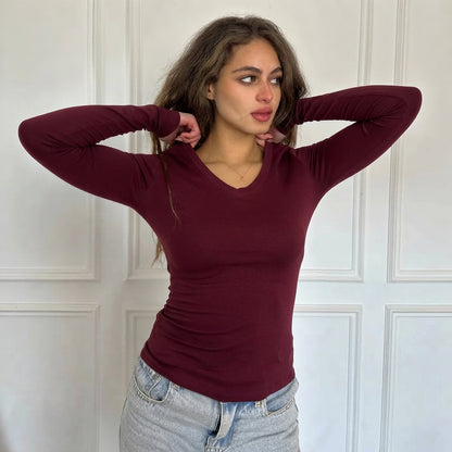 Burgundy V-Neck Long Sleeves top