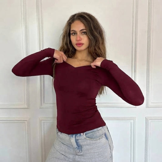 Burgundy V-Neck Long Sleeves top