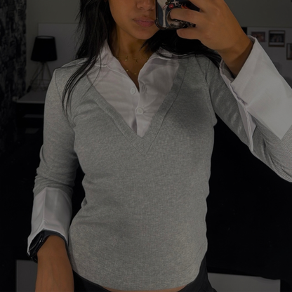 Layered collar Gray V neck top