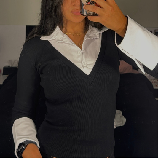 Layered Collar Black V neck Top