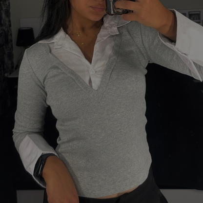 Layered collar Gray V neck top