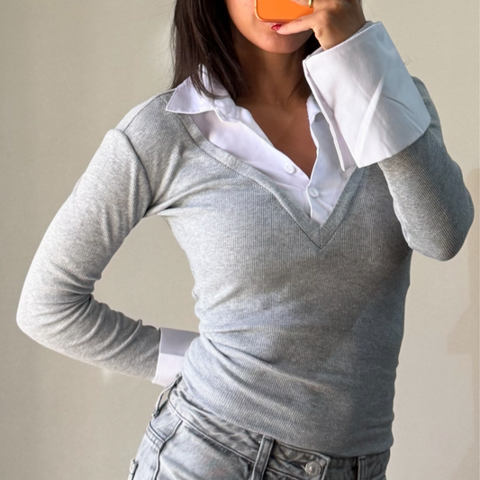 Layered collar Gray V neck top