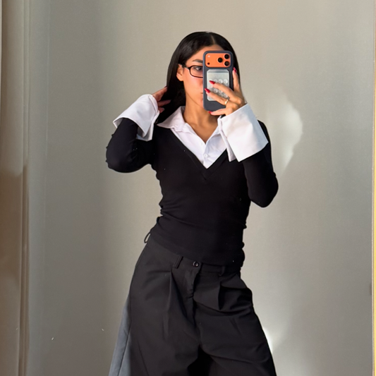 Layered Collar Black V neck Top