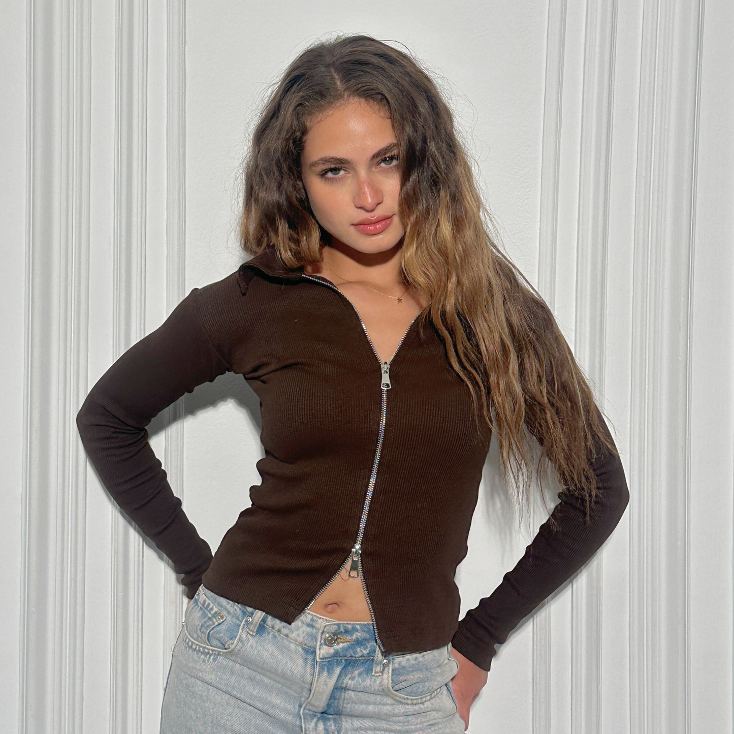Brown Double Zipper Ribbed Cardigan