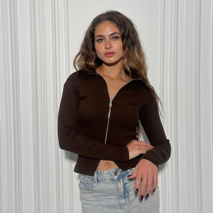 Brown Double Zipper Ribbed Cardigan